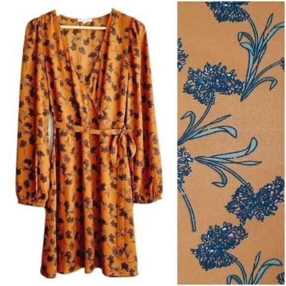 GILLI / Flowy Lightweight Surplice Floral Dress w/ Tie Belt Tan Brown Sz M - Picture 1 of 12